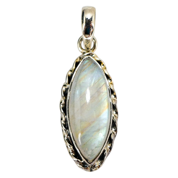 Vintage Rainbow Moonstone Pendant – Sterling Silver SJ925, Marquise Cabochon - Picture 1 of 8